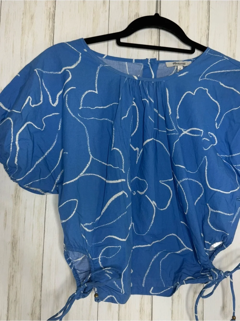 Madewell Small Blue Poplin Puff-Sleeve Cutout Crop Top